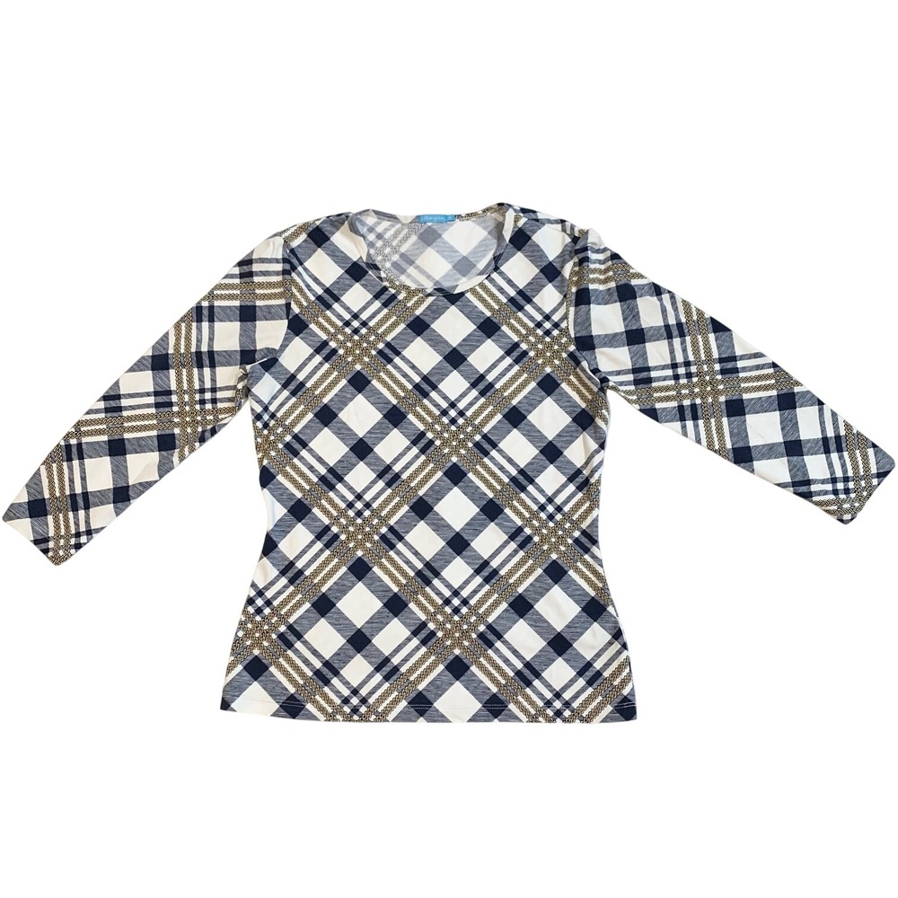 J.McLaughlin Womens XS Blue White Plaid Chain Link Print 3/4 Sleeve Top USA